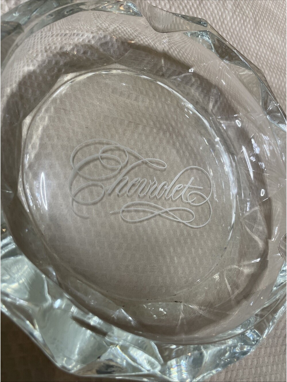 CHEVROLET Embossed Vintage Lead Crystal LRGE Ashtray 8 1/2” Wide 2” Height